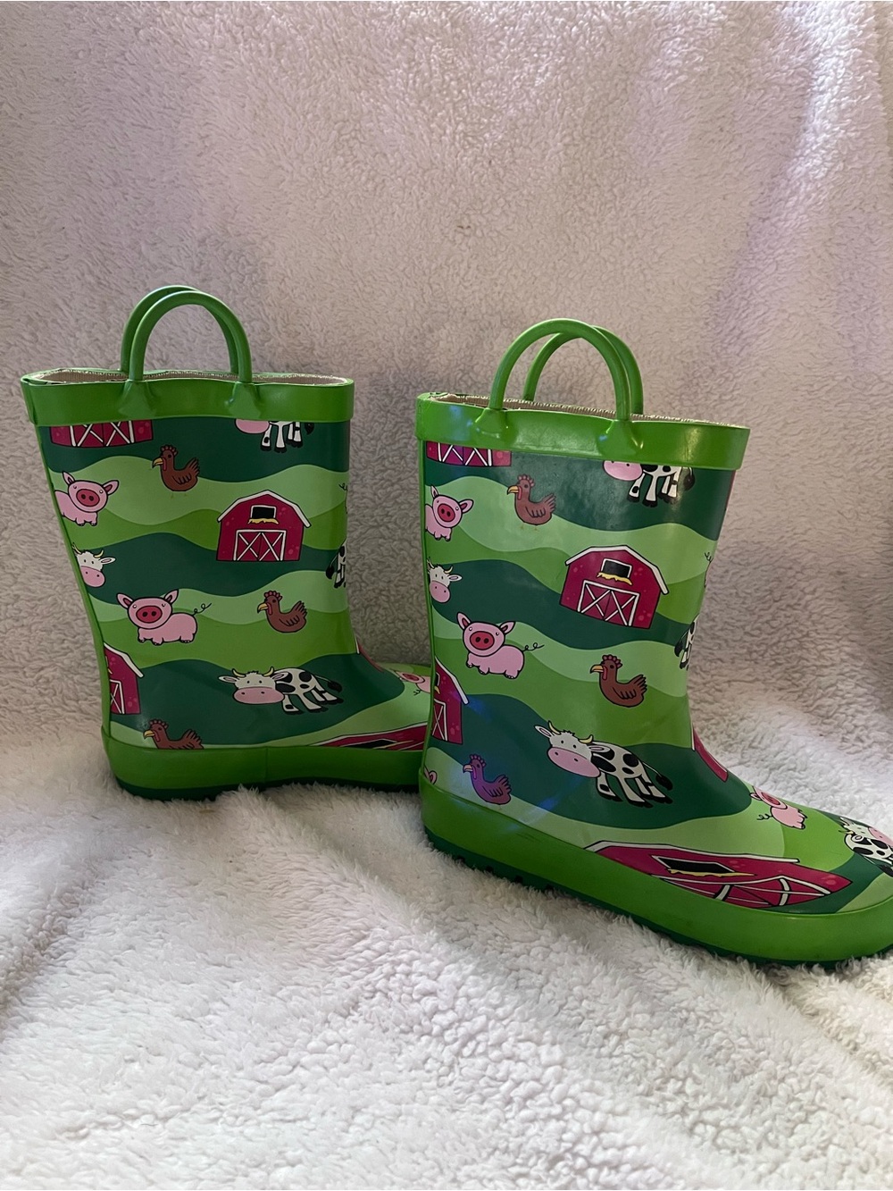 Kids Green Farm-Print Rain Boots with Easy Pull Handles